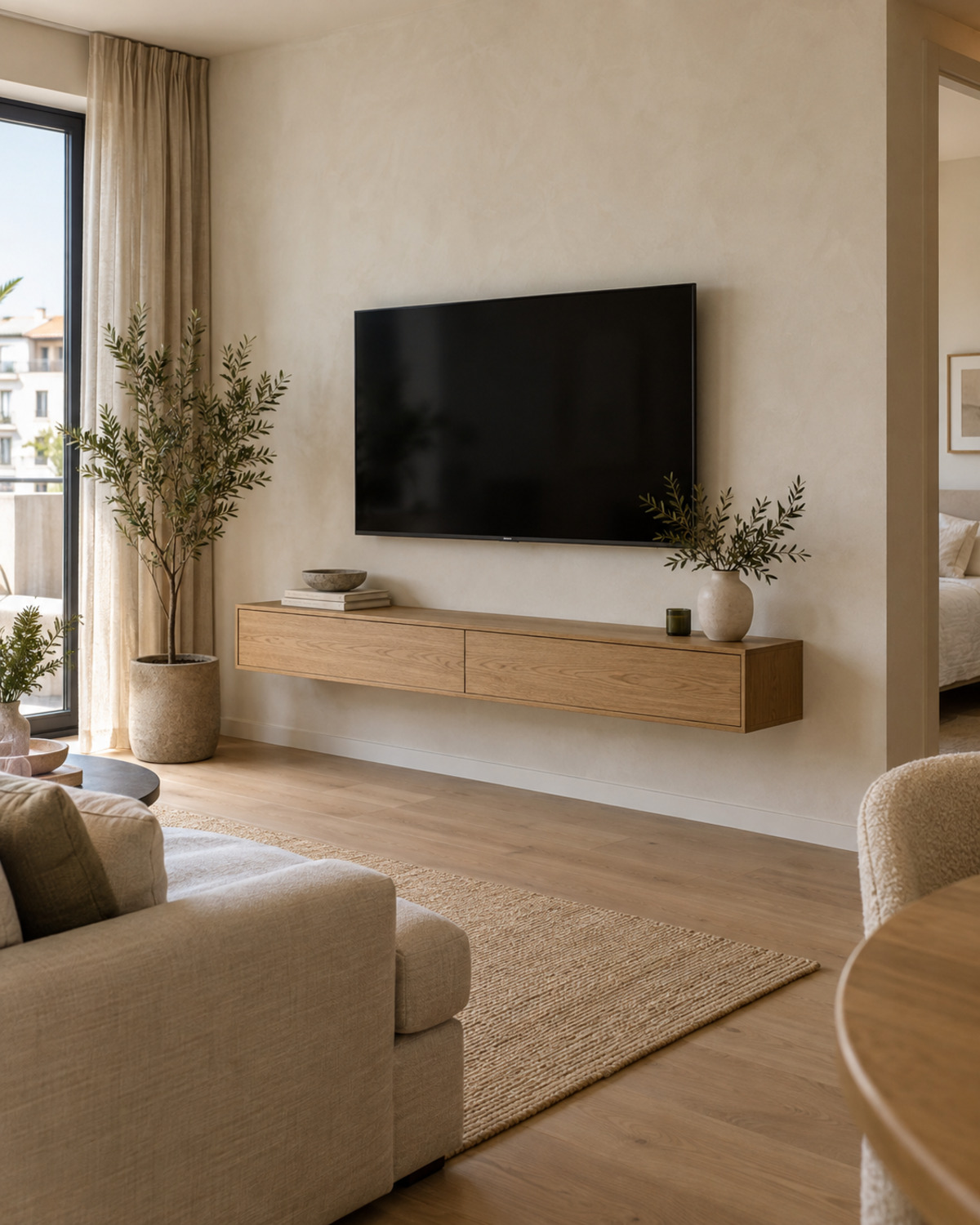 Small living room with a wall-mounted TV and slim floating oak console that leaves the floor visible