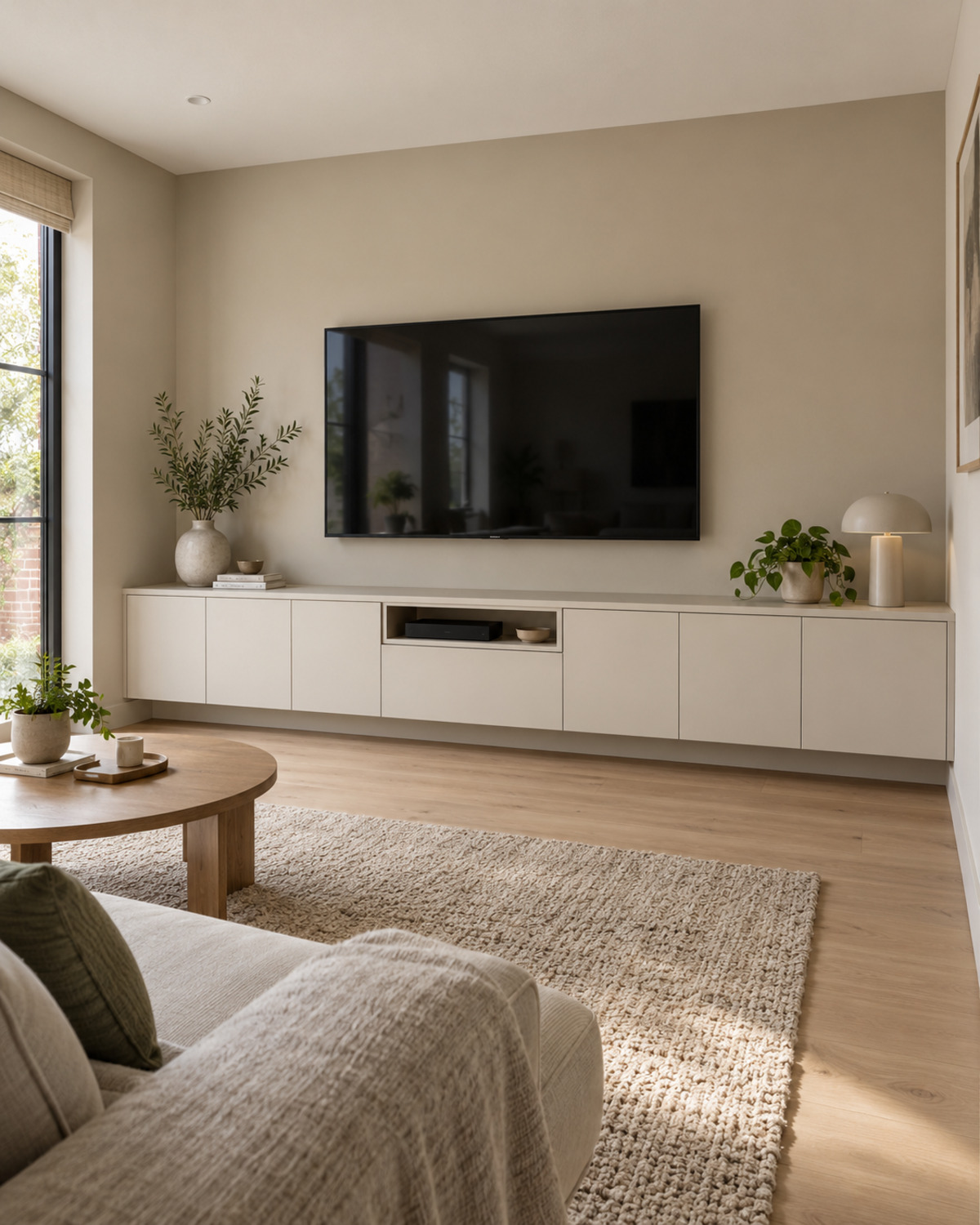 Compact TV wall with shallow wall-to-wall closed cabinets and a small ventilated equipment opening
