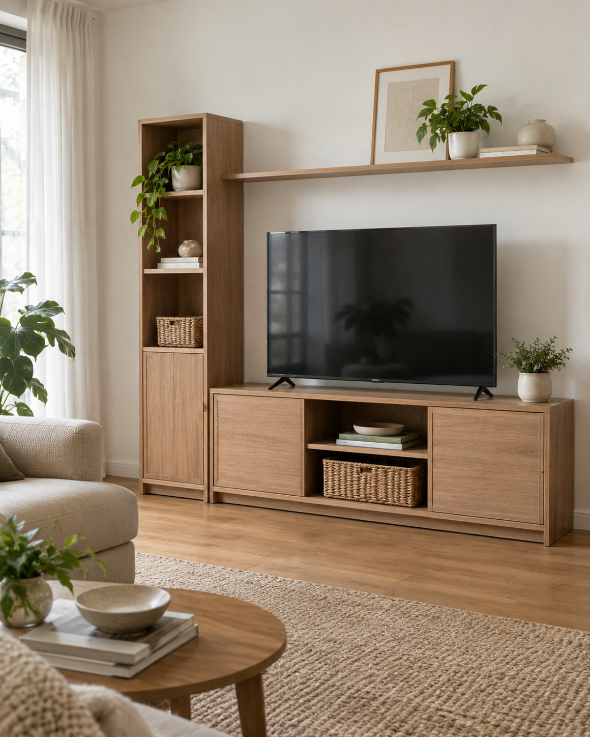 Freestanding oak media console with a narrow side cabinet, open shelf, television, and storage baskets