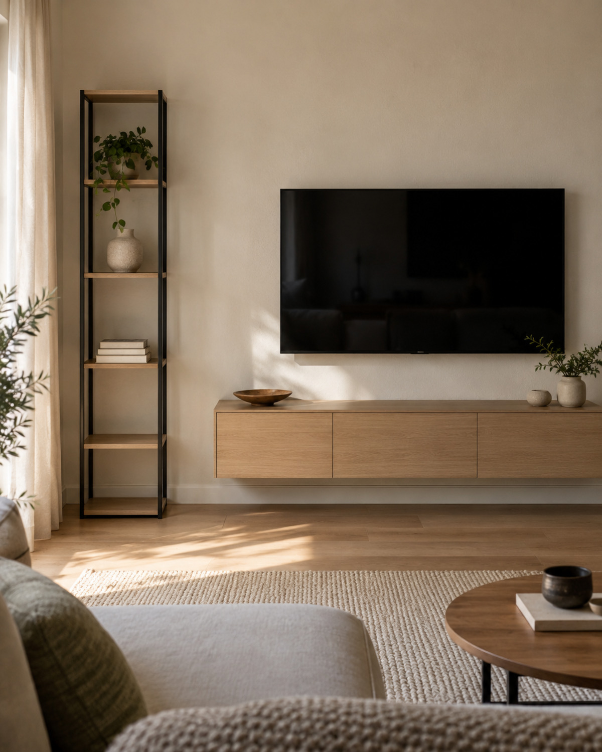 Off-center wall-mounted TV balanced by one tall narrow shelf and a slim oak console