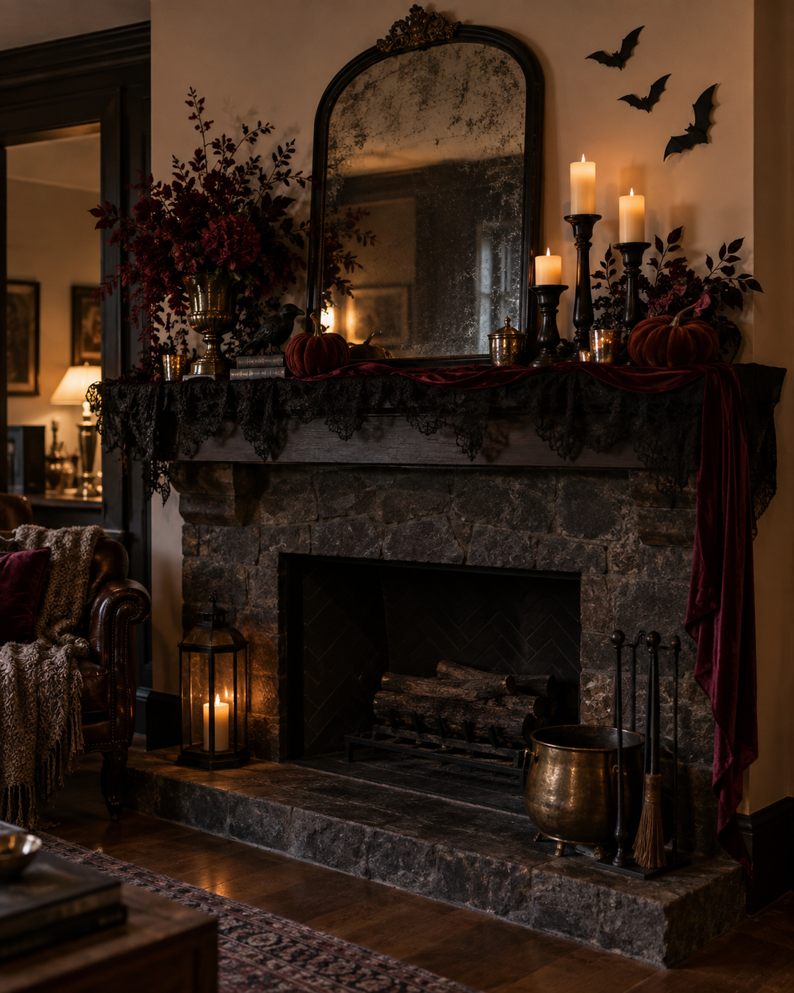 Gothic Burgundy and Black Halloween Mantel