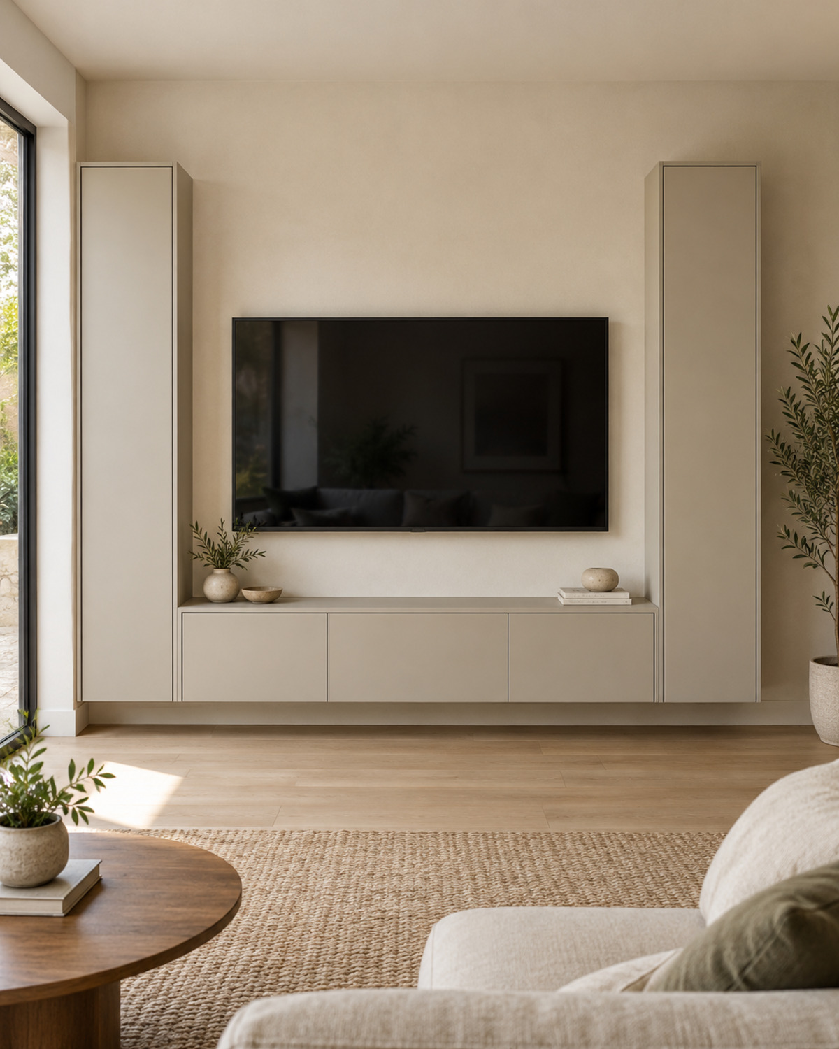 Wall-mounted television framed by two narrow closed cabinets and a matching low storage cabinet