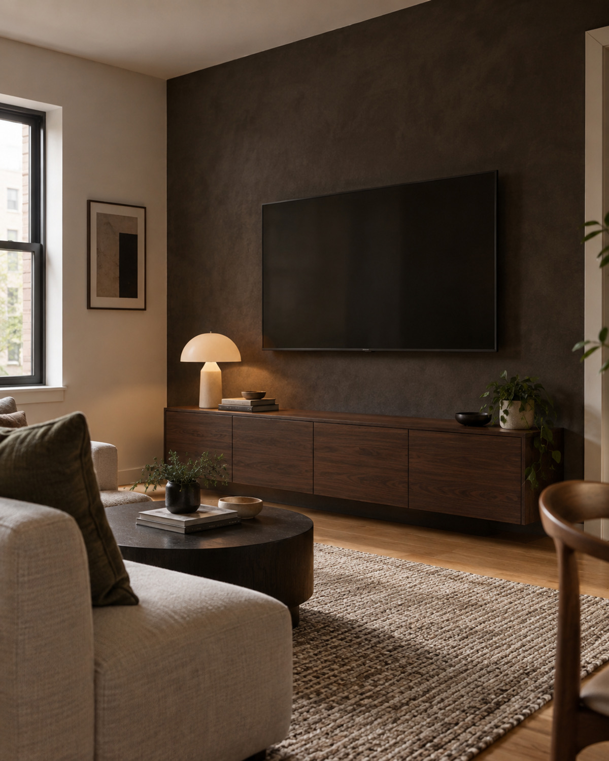 Black television blending into a charcoal-brown feature wall above a slim walnut console