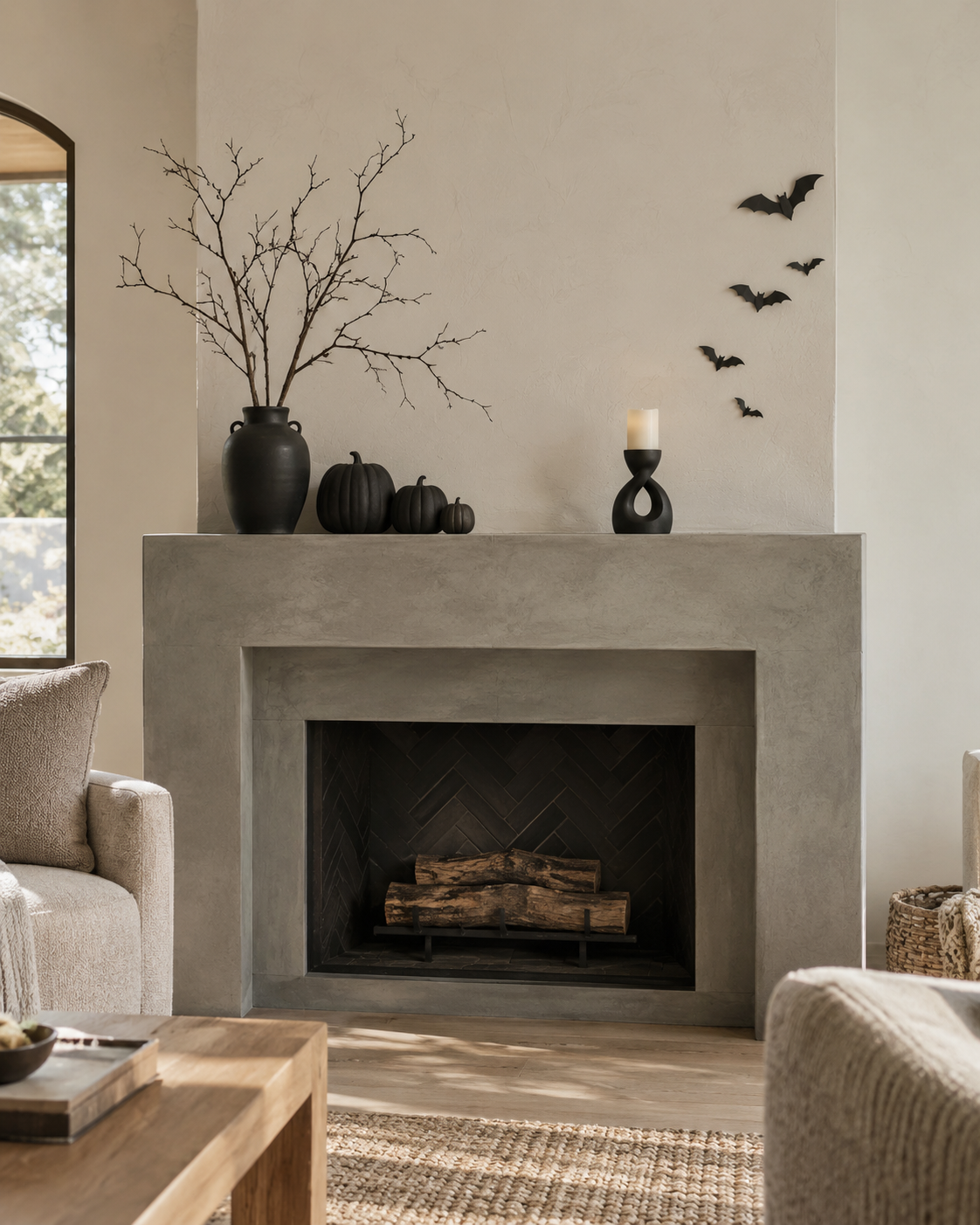 Minimalist matte-black Halloween mantel with pumpkins, bare branches, and paper bats.