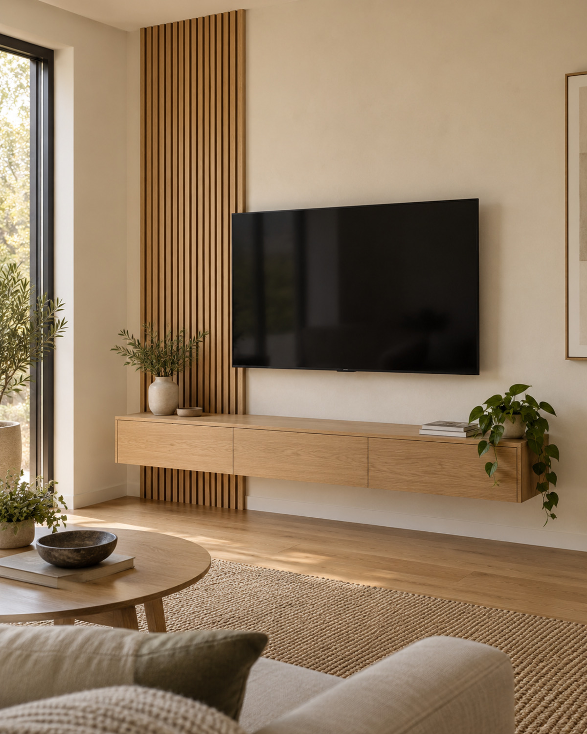 Small living room TV wall with one narrow vertical oak-slat panel and floating console