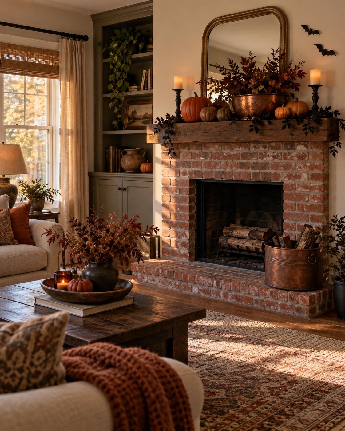 Cozy Halloween mantel with terracotta pumpkins, copper accents, and black paper bats.
