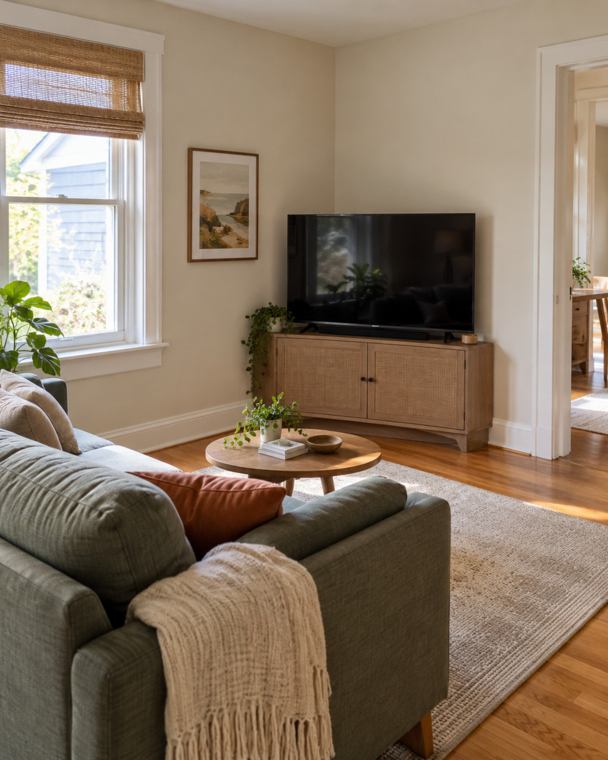 Compact television area fitted between a living room window and doorway with a low corner console