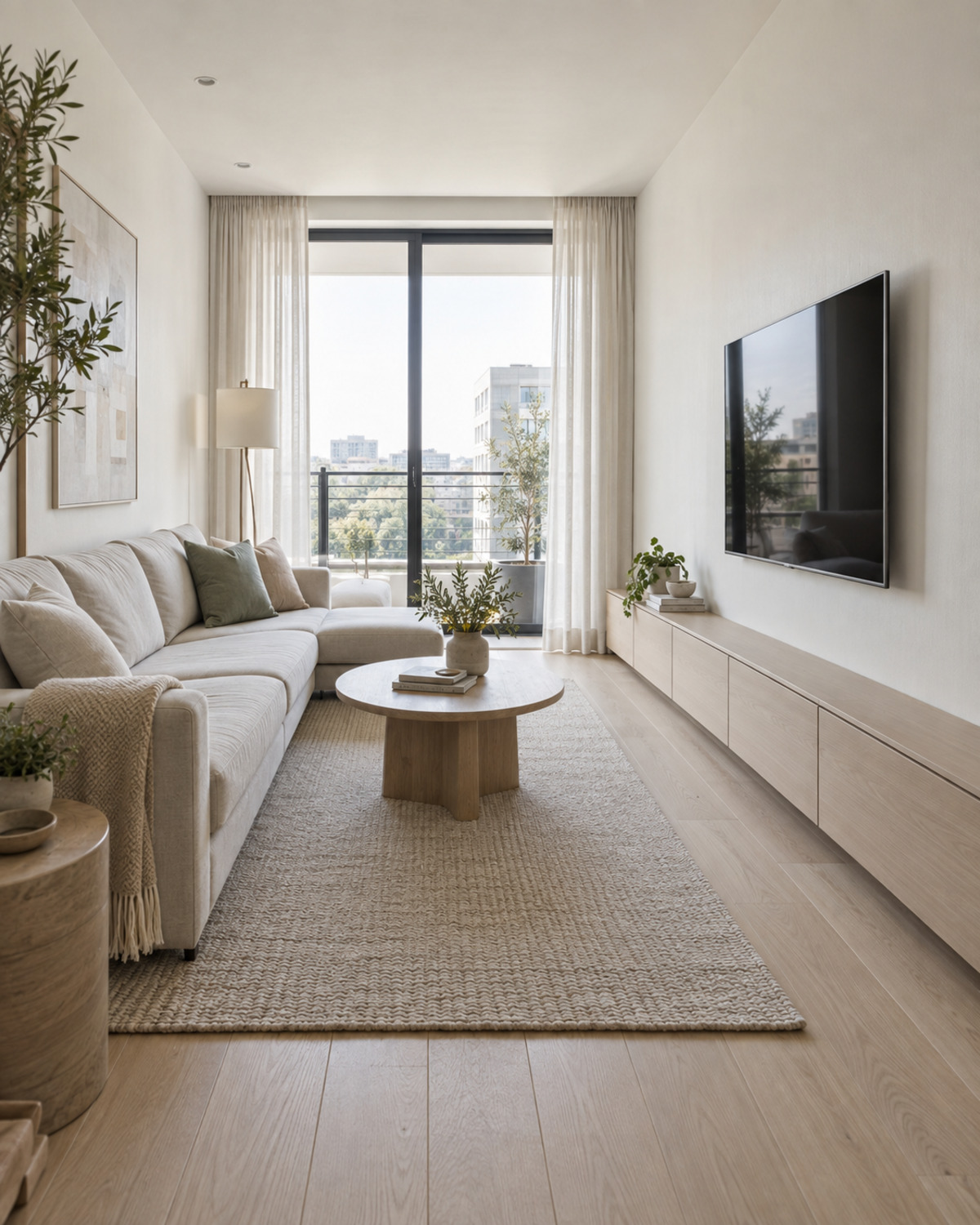 Long narrow living room with a wall-mounted TV, low-profile console, and clear central walkway