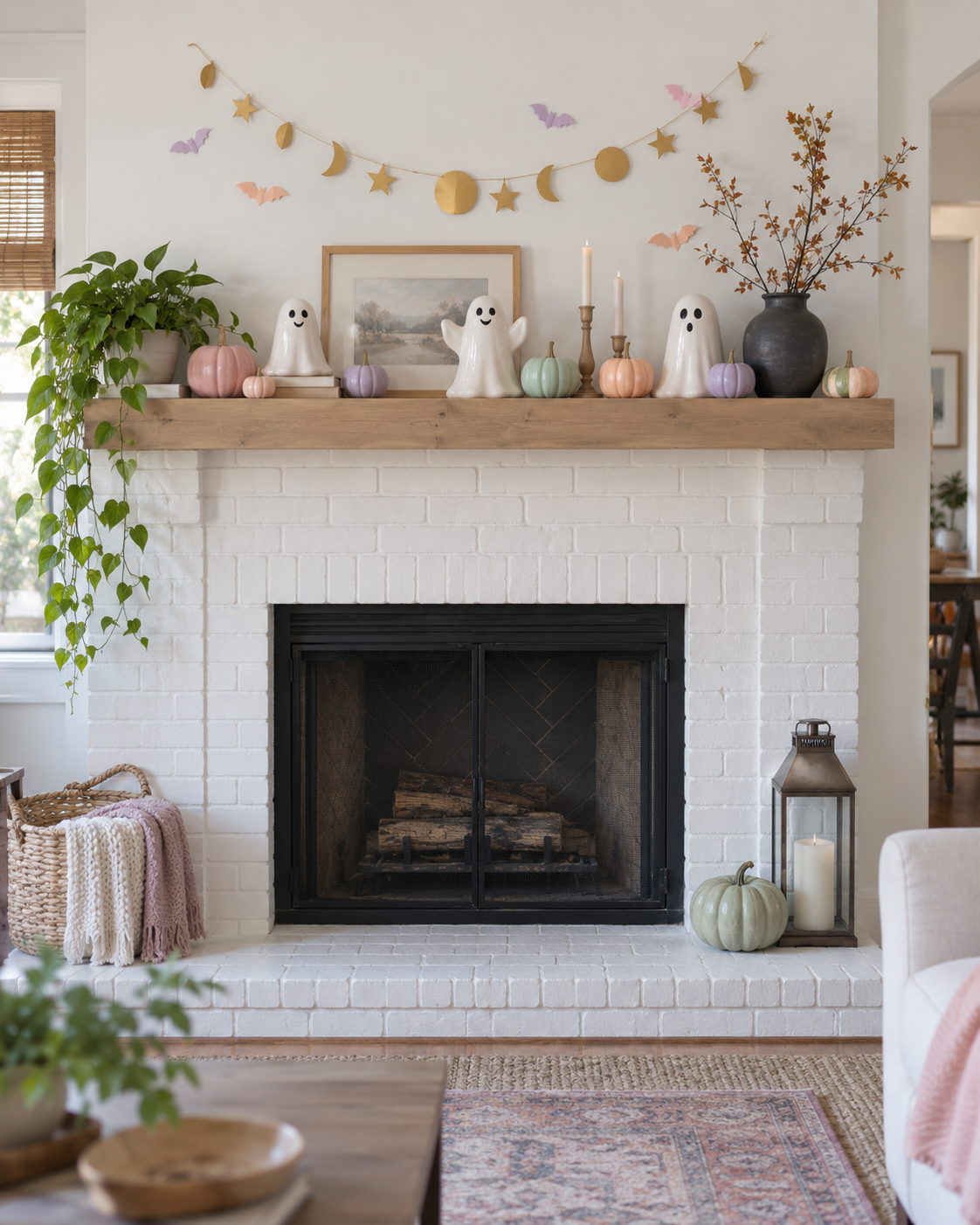 Pastel Halloween mantel with colorful pumpkins, ceramic ghosts, and a moon garland.