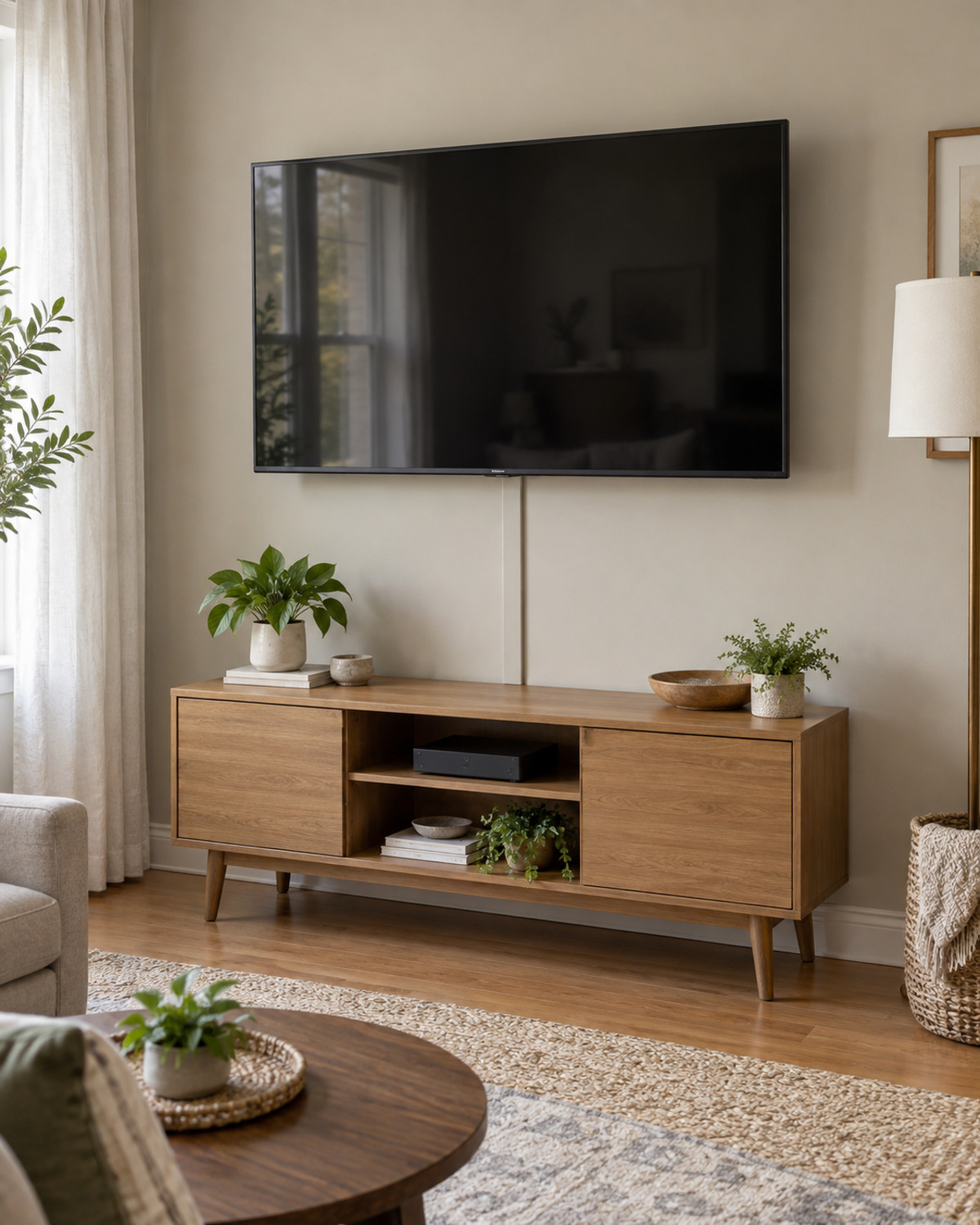 Mounted television with a slim wall-colored cable raceway leading neatly to a wood media console
