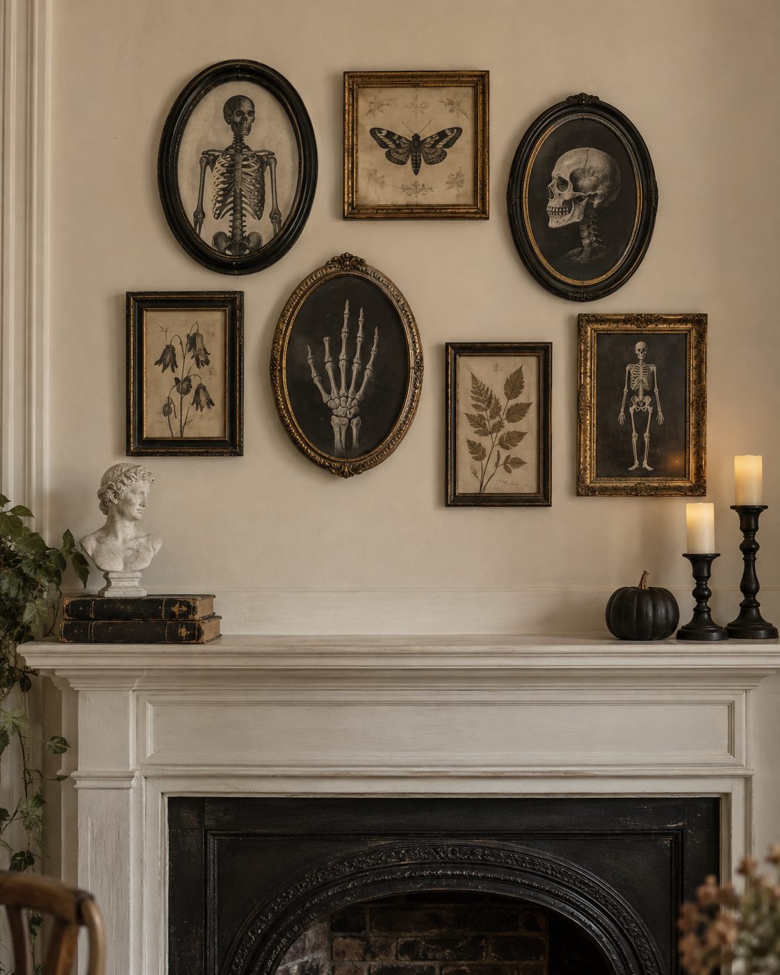 Halloween mantel beneath a vintage gallery of skeleton, skull, moth, and botanical artwork.