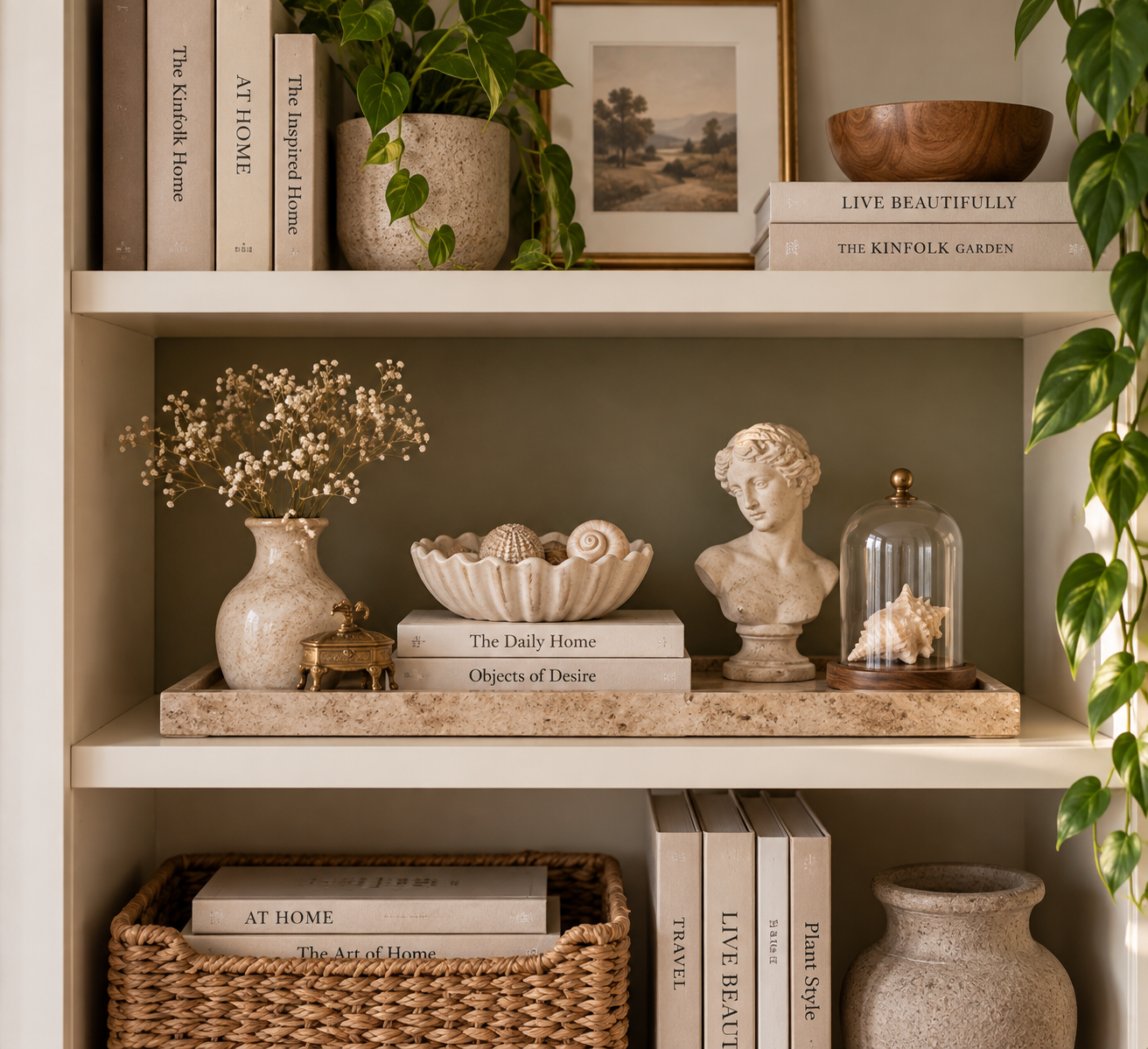 Curated bookcase shelf featuring a small collection of decorative objects, books, ceramics, and shells arranged within a defined display zone.