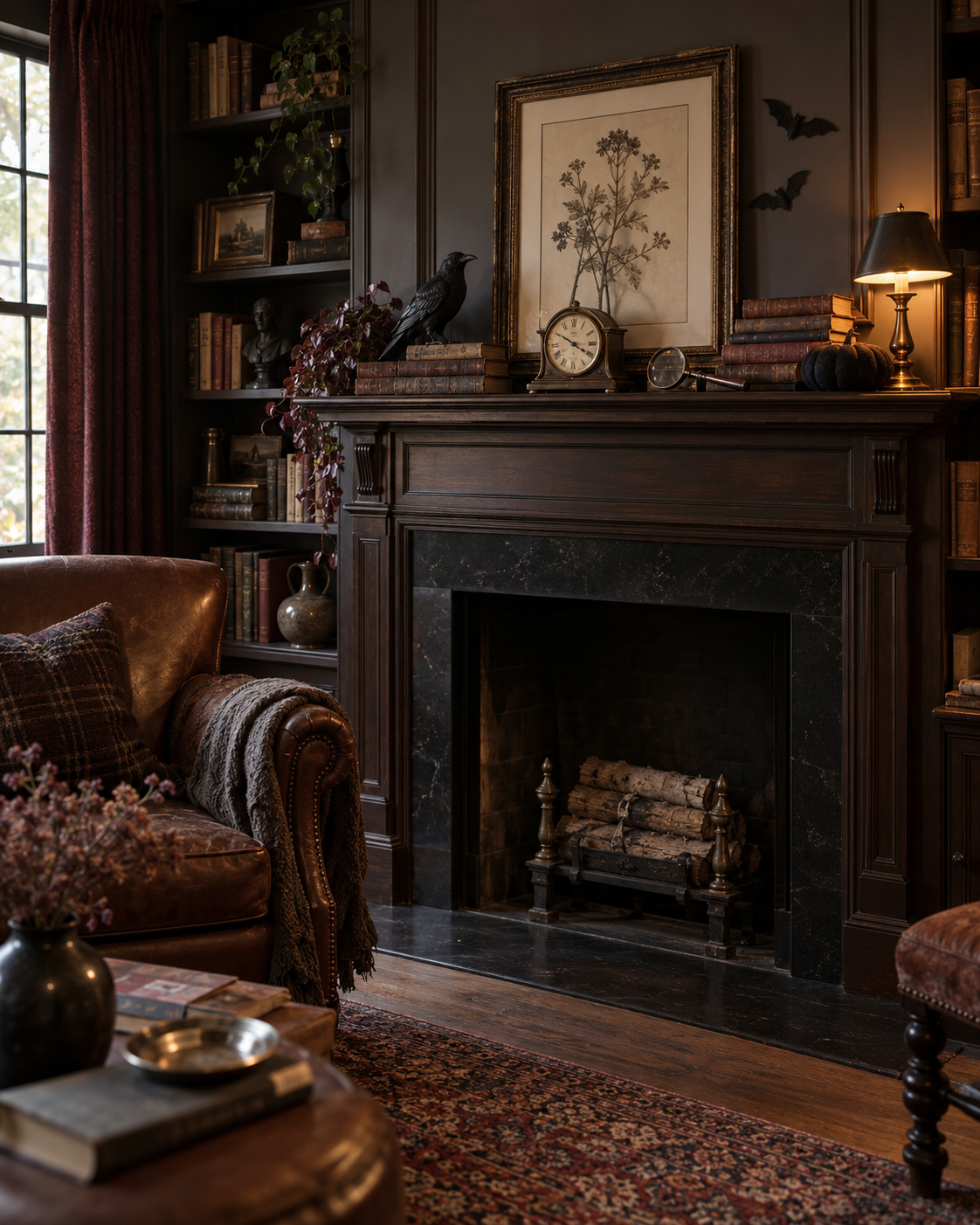 Haunted-library Halloween mantel with antique books, a black raven, and a vintage clock.