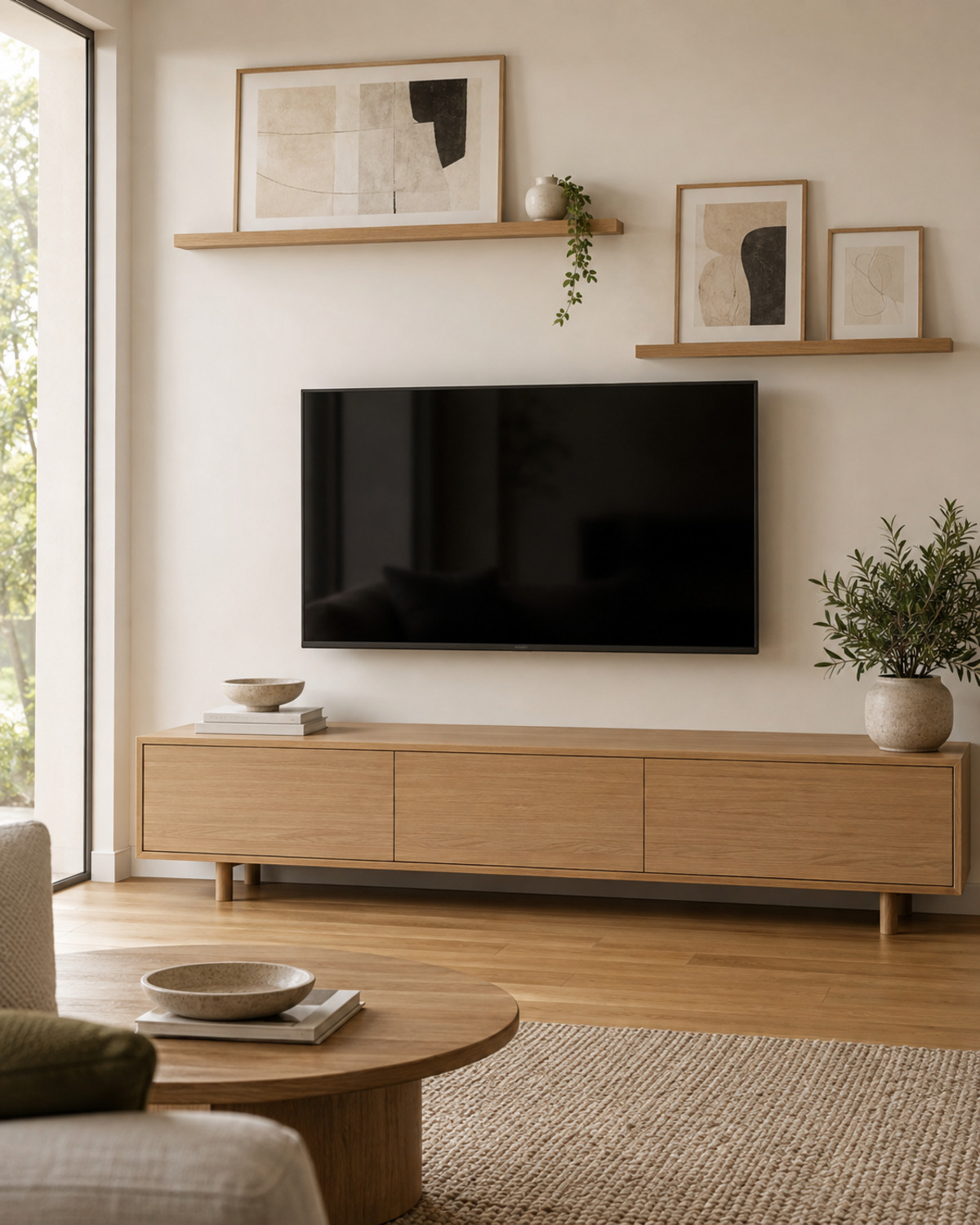Wall-mounted television styled with two slim oak picture ledges and restrained neutral artwork