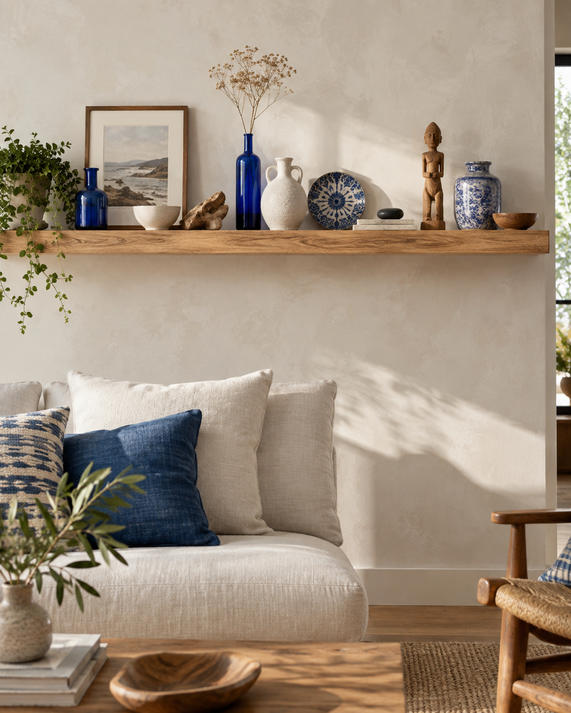 Mixed trinkets unified by cobalt blue, white, and natural wood.