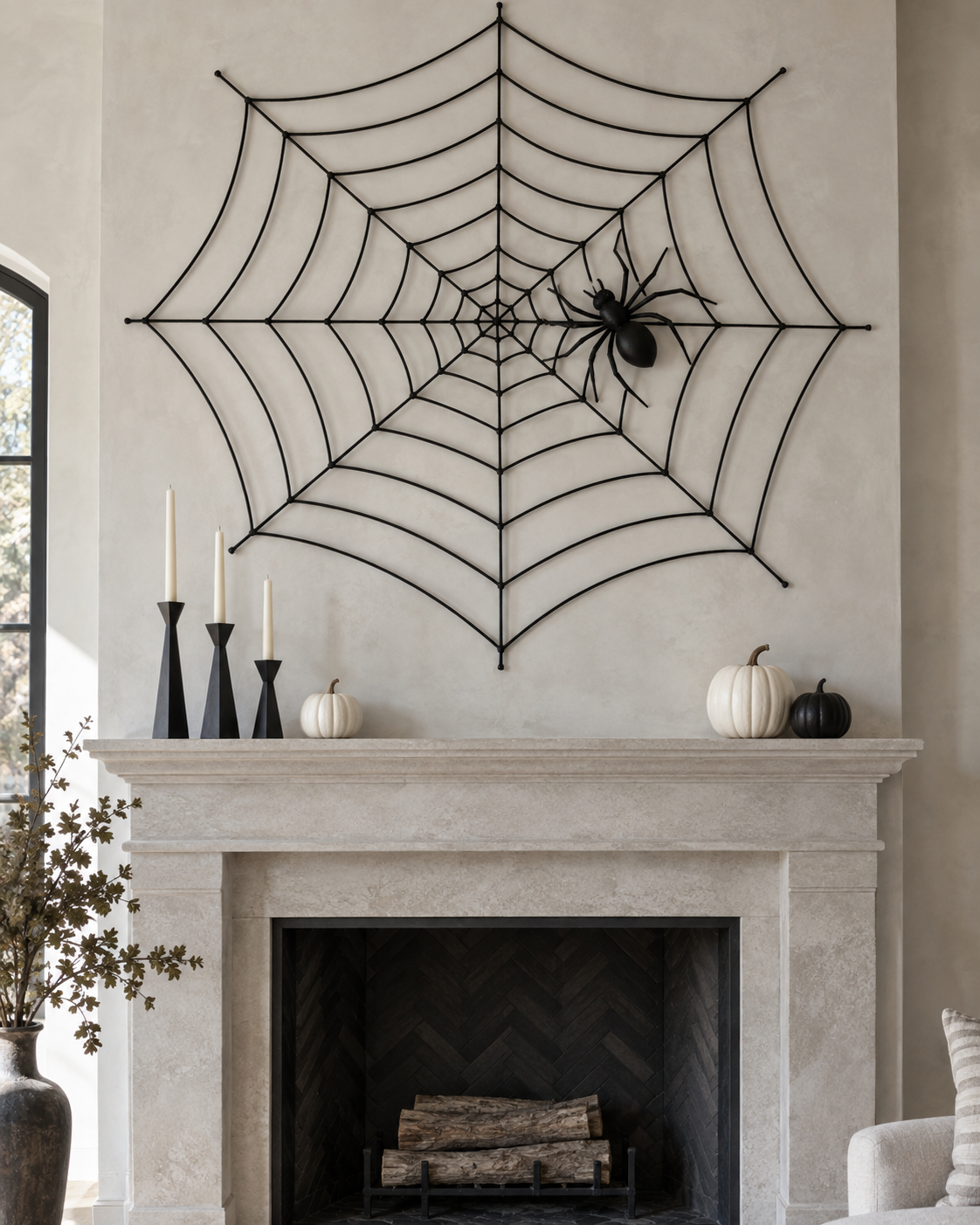 Modern Halloween mantel with one oversized black spiderweb and white pumpkins.