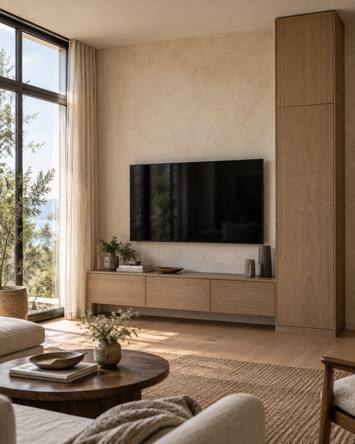 Television beside a tall window with a low cabinet and one tall storage tower on the outer side