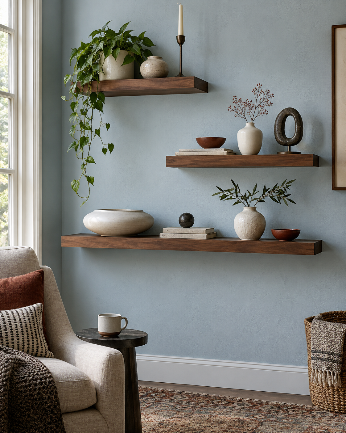 Staggered wall shelves arranged for collectibles of different heights.