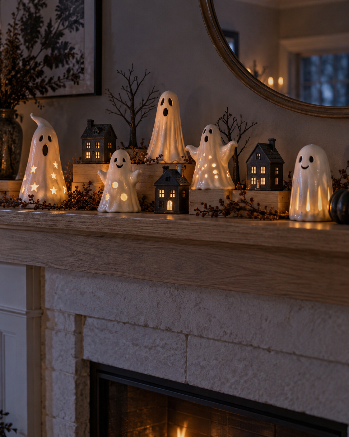 Ceramic ghost village glowing with LED lights on a Halloween fireplace mantel.