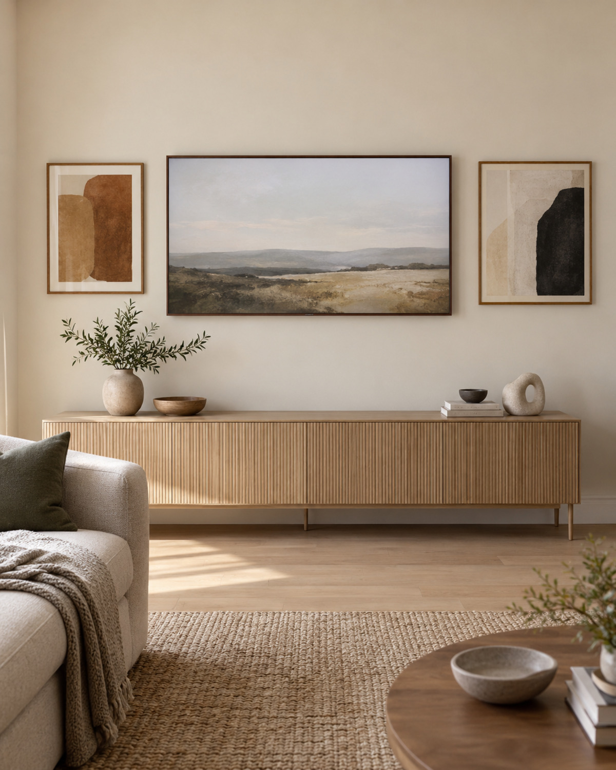 Frame-style television displaying muted landscape art between two simple abstract framed pieces