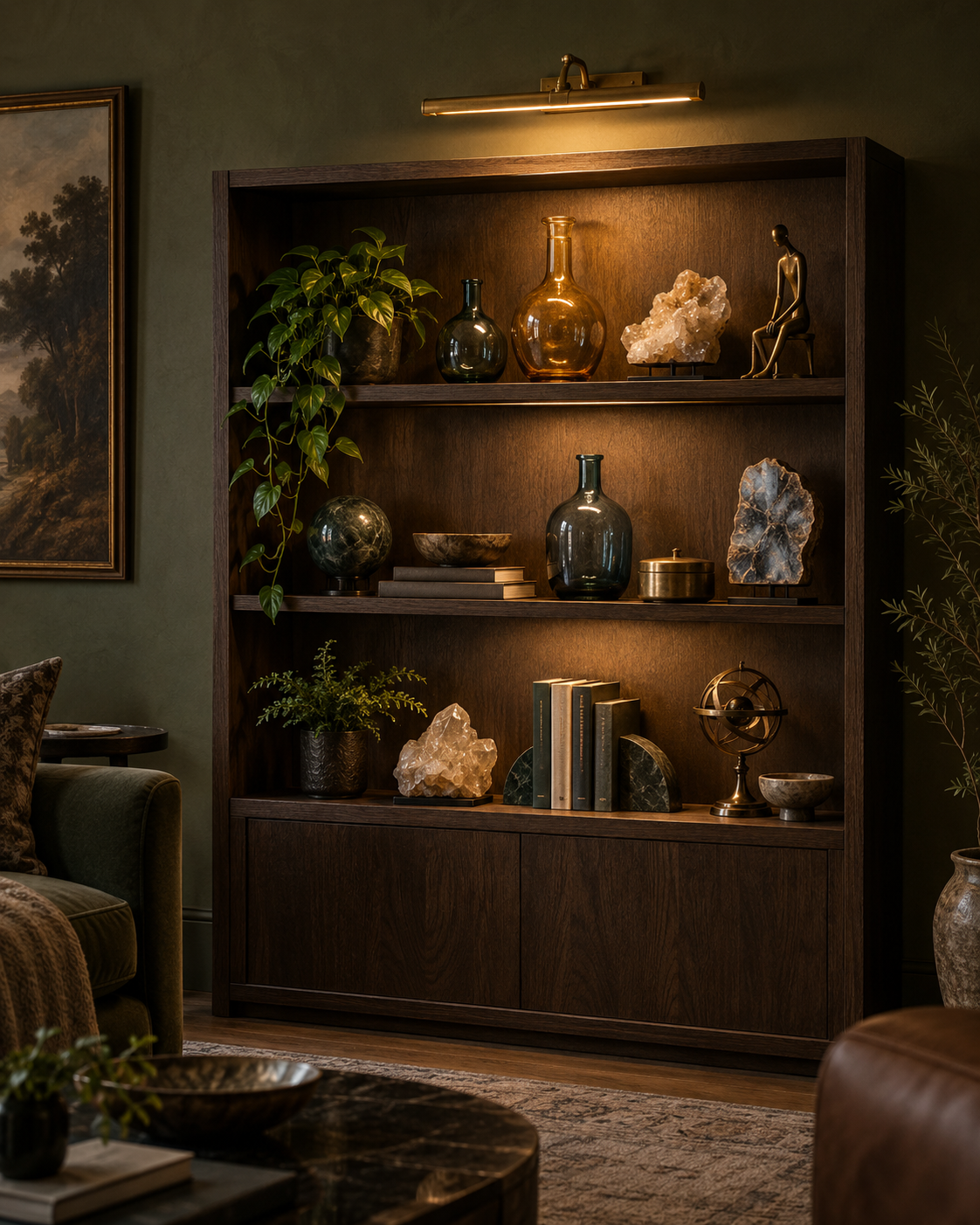 Picture light softly illuminating glass, mineral, and metal collectibles.