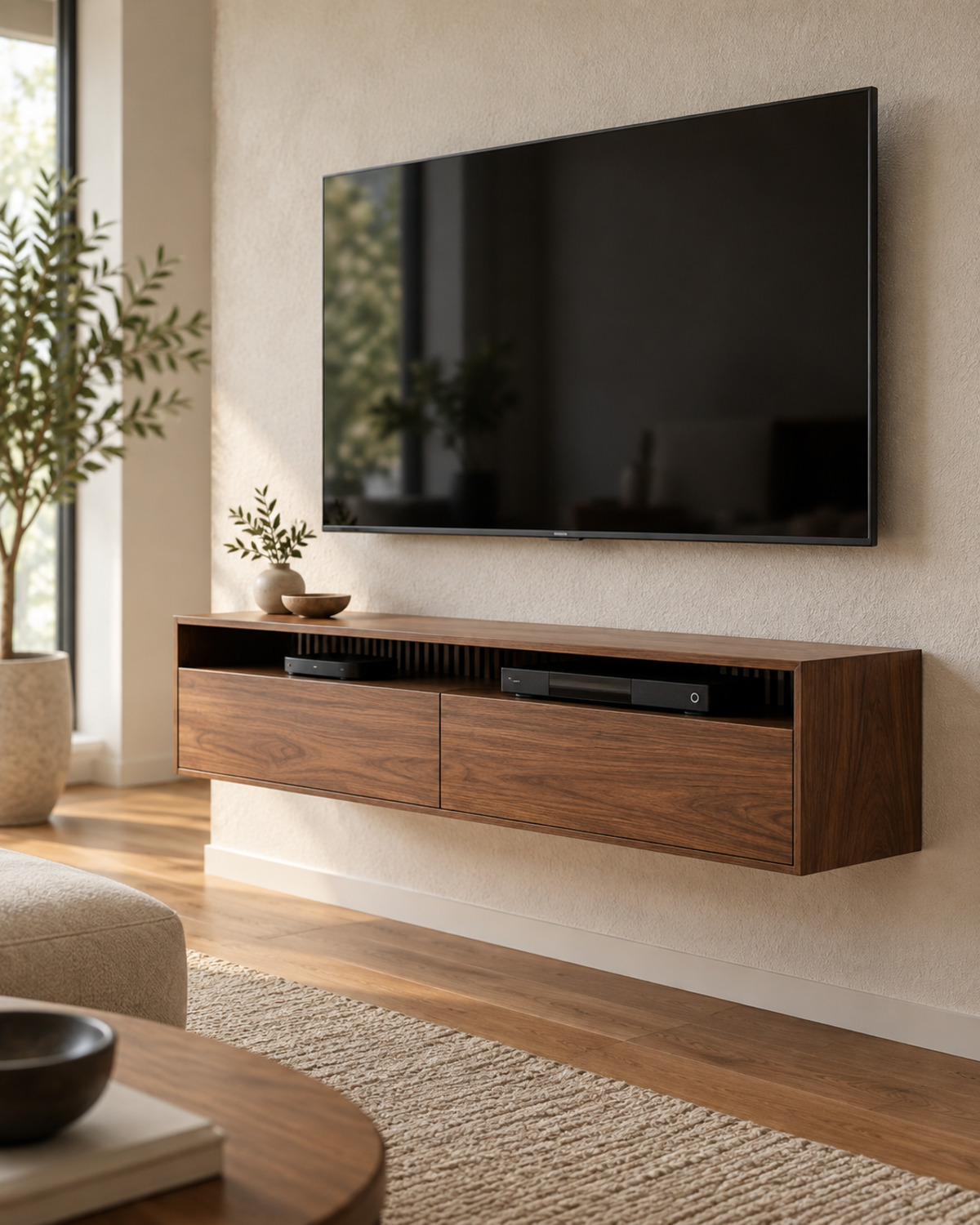 Wall-mounted TV above a compact floating walnut drawer unit with an open ventilated device shelf