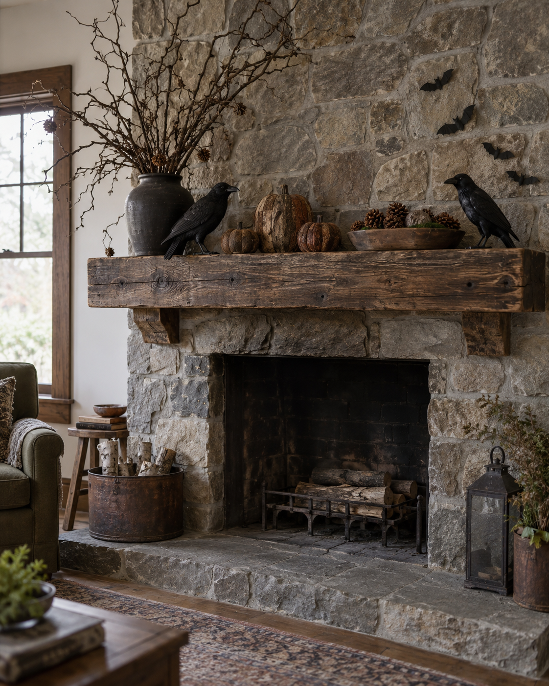 Rustic Halloween mantel with twisted branches, black ravens, bark-textured pumpkins, and pinecones.