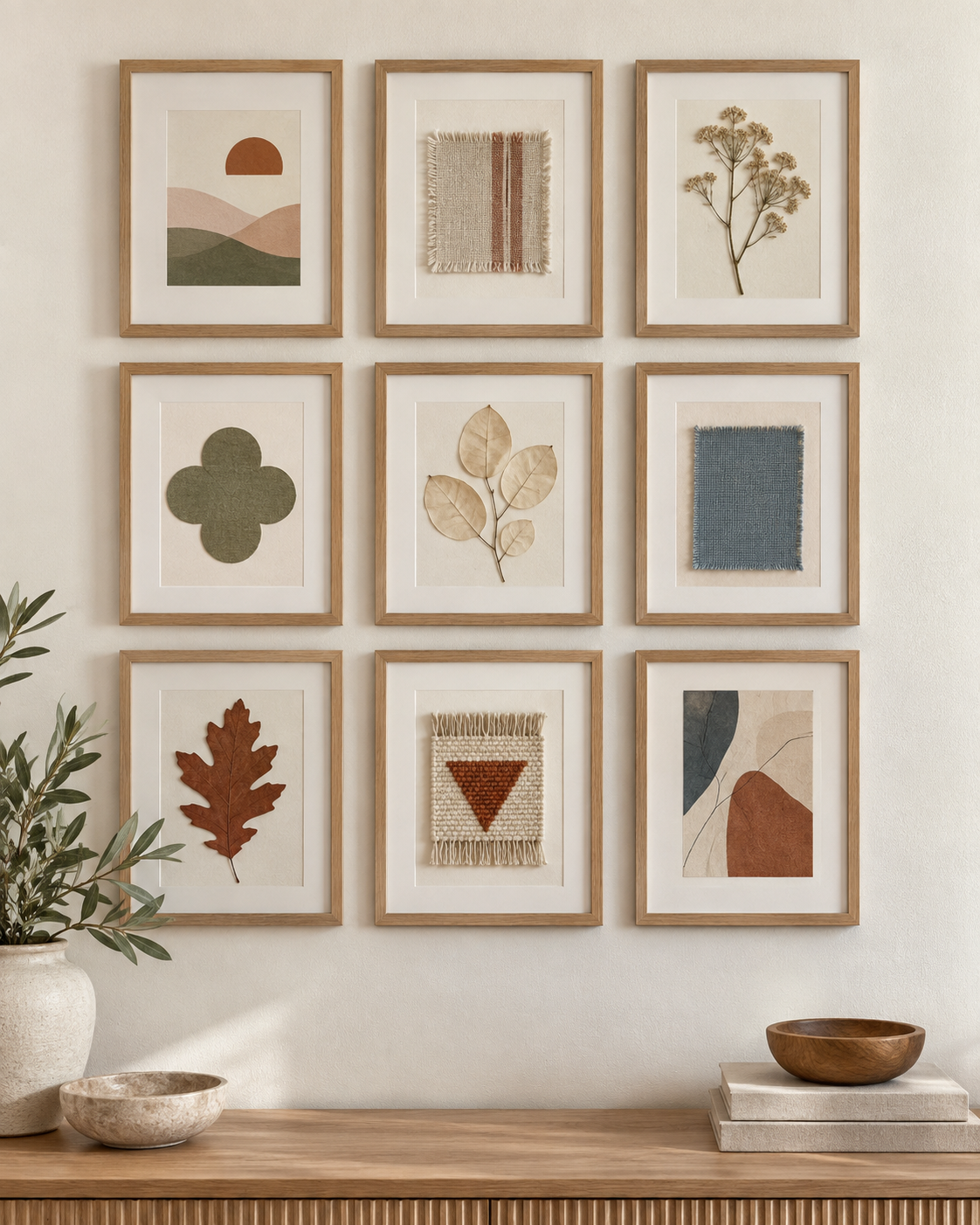 Framed grid displaying postcards, textiles, and other flat keepsakes.