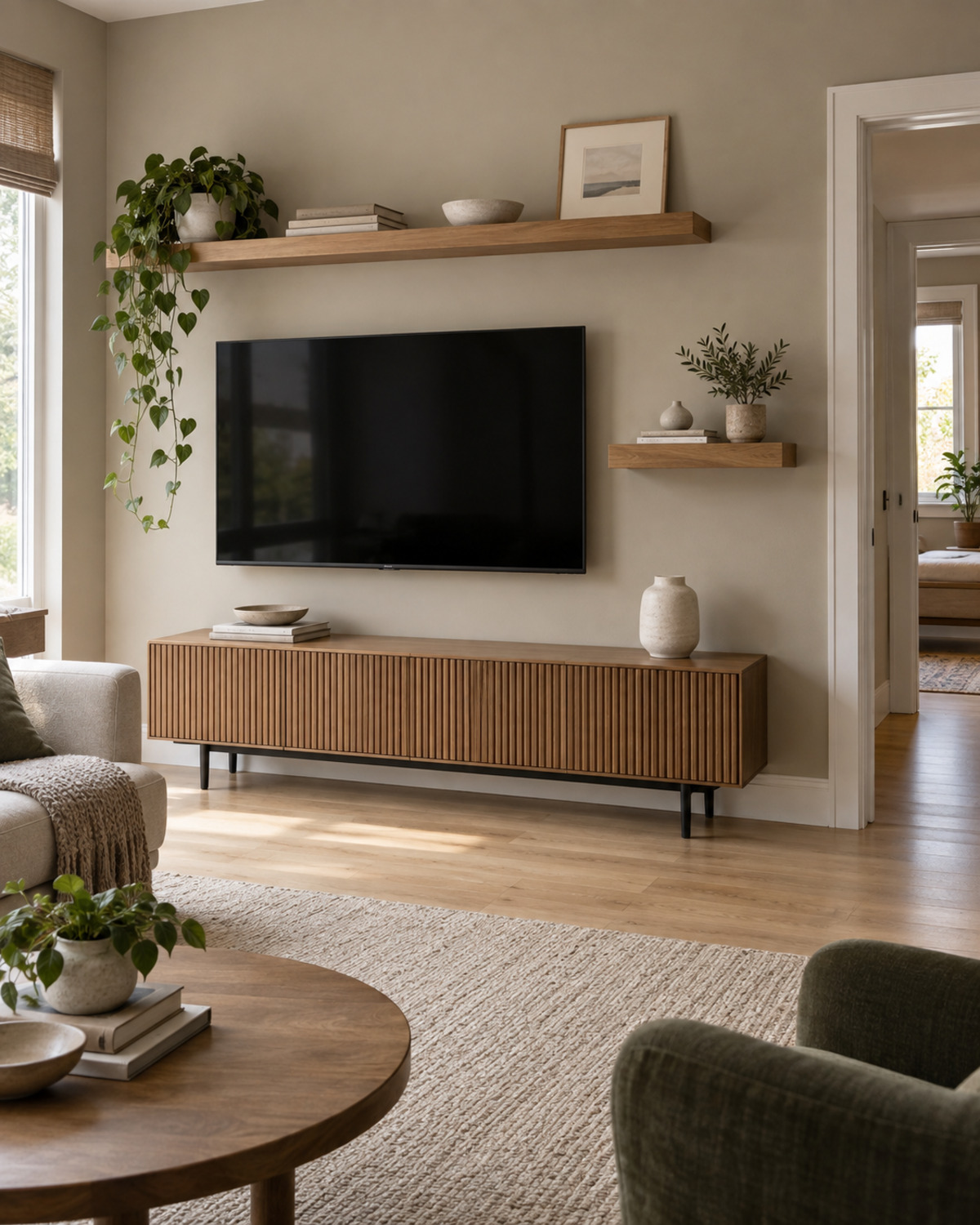 Off-center television balanced by one long shelf above and a shorter shelf beside the screen