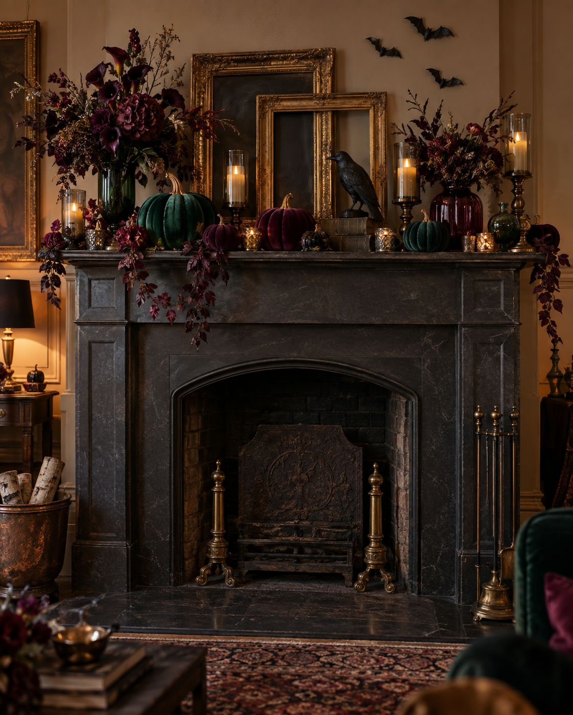 Jewel-tone maximalist Halloween mantel with velvet pumpkins, dark florals, and a black raven.