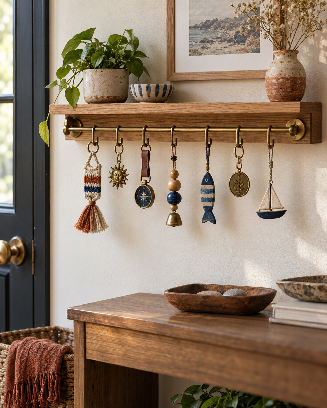 Rail-and-ledge display organizing small charms and keychains.