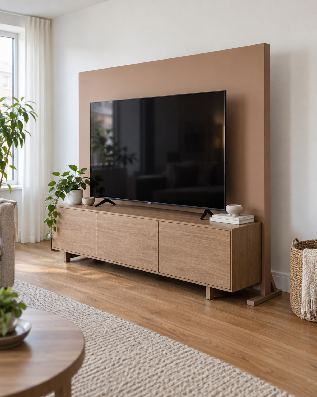 Freestanding oak media console with a removable clay-colored back panel behind the television