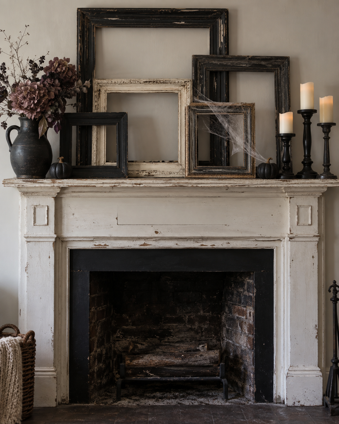 Thrifted empty frames layered with cobwebs, black pumpkins, and flameless candles on a Halloween mantel.