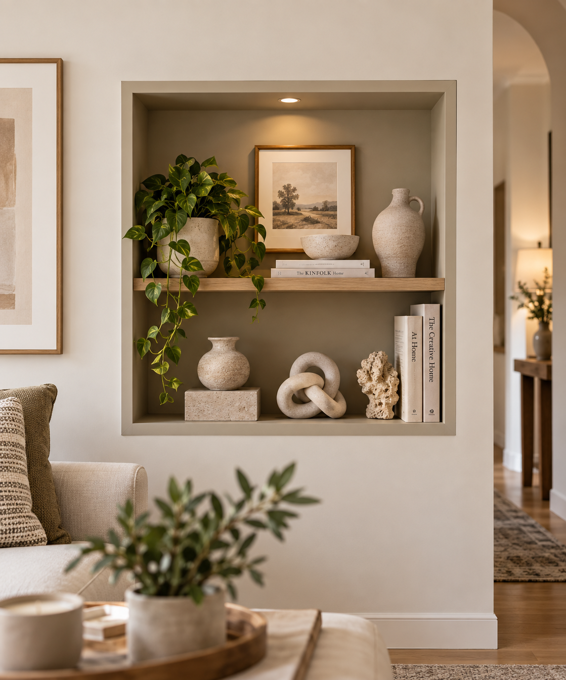 hallow wall display box painted to match the wall, styled with a small curated collection of ceramics and decorative objects to create a recessed niche look.