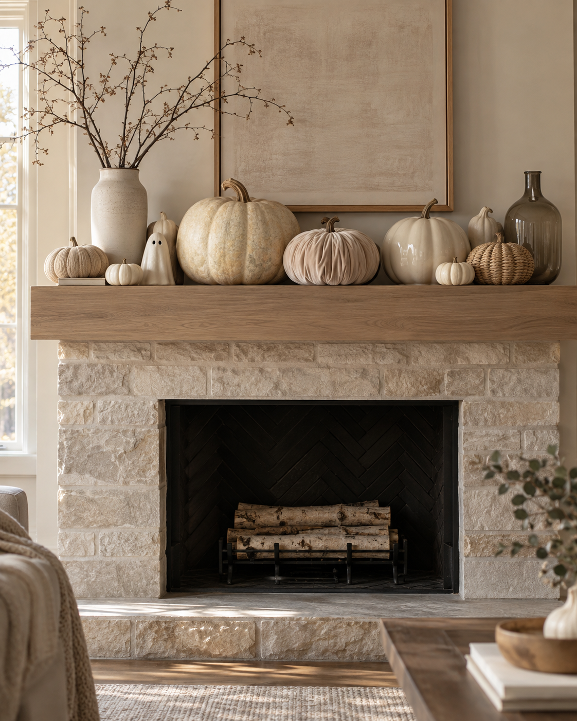 Monochrome cream no-carve pumpkins with varied textures on a pale-oak Halloween mantel.