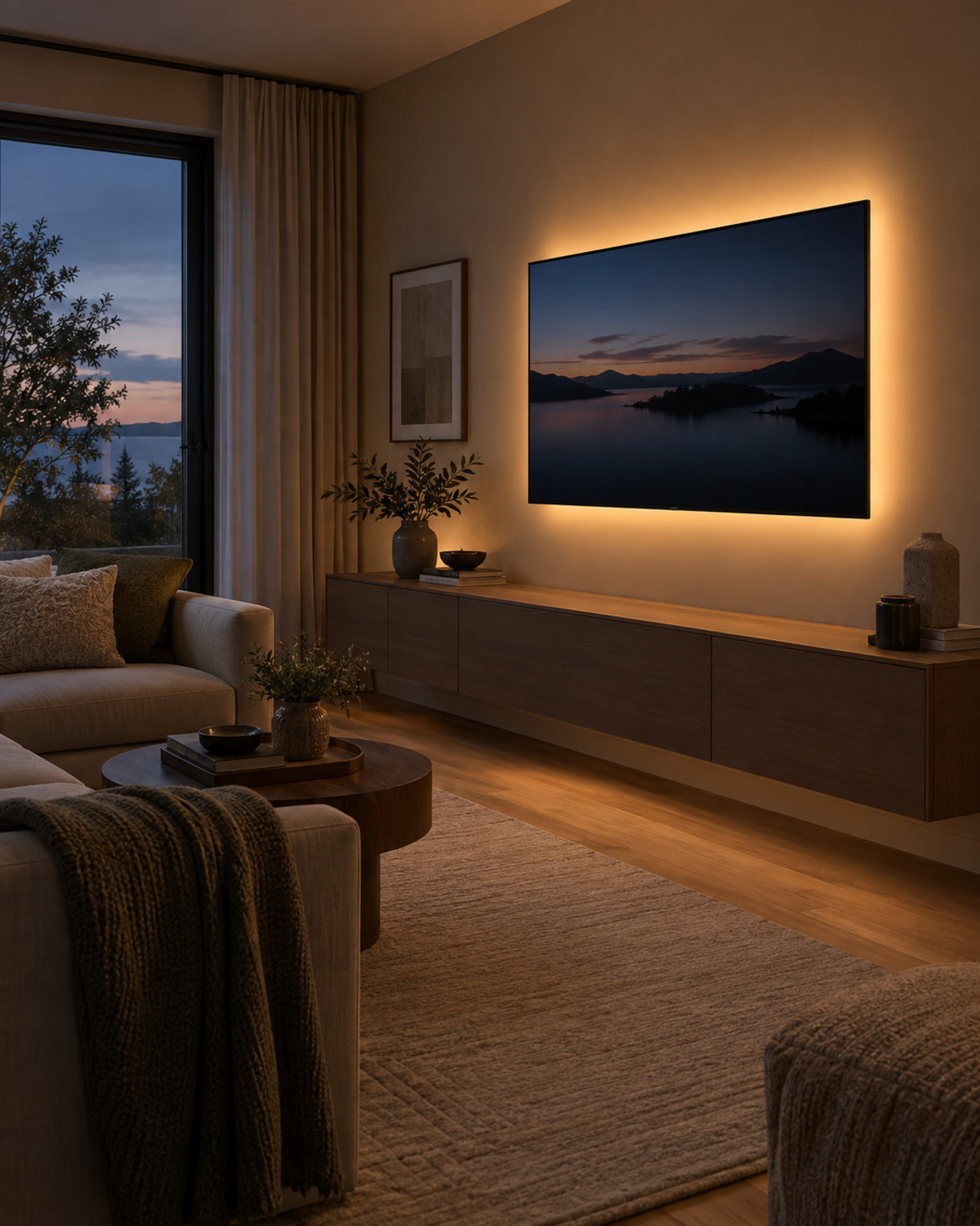 Small living room at dusk with a soft warm halo concealed behind the wall-mounted television