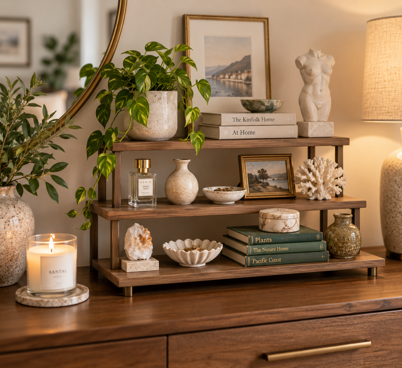 Curated bookcase shelf featuring a small collection of decorative objects, books, ceramics, and shells arranged within a defined display zone.