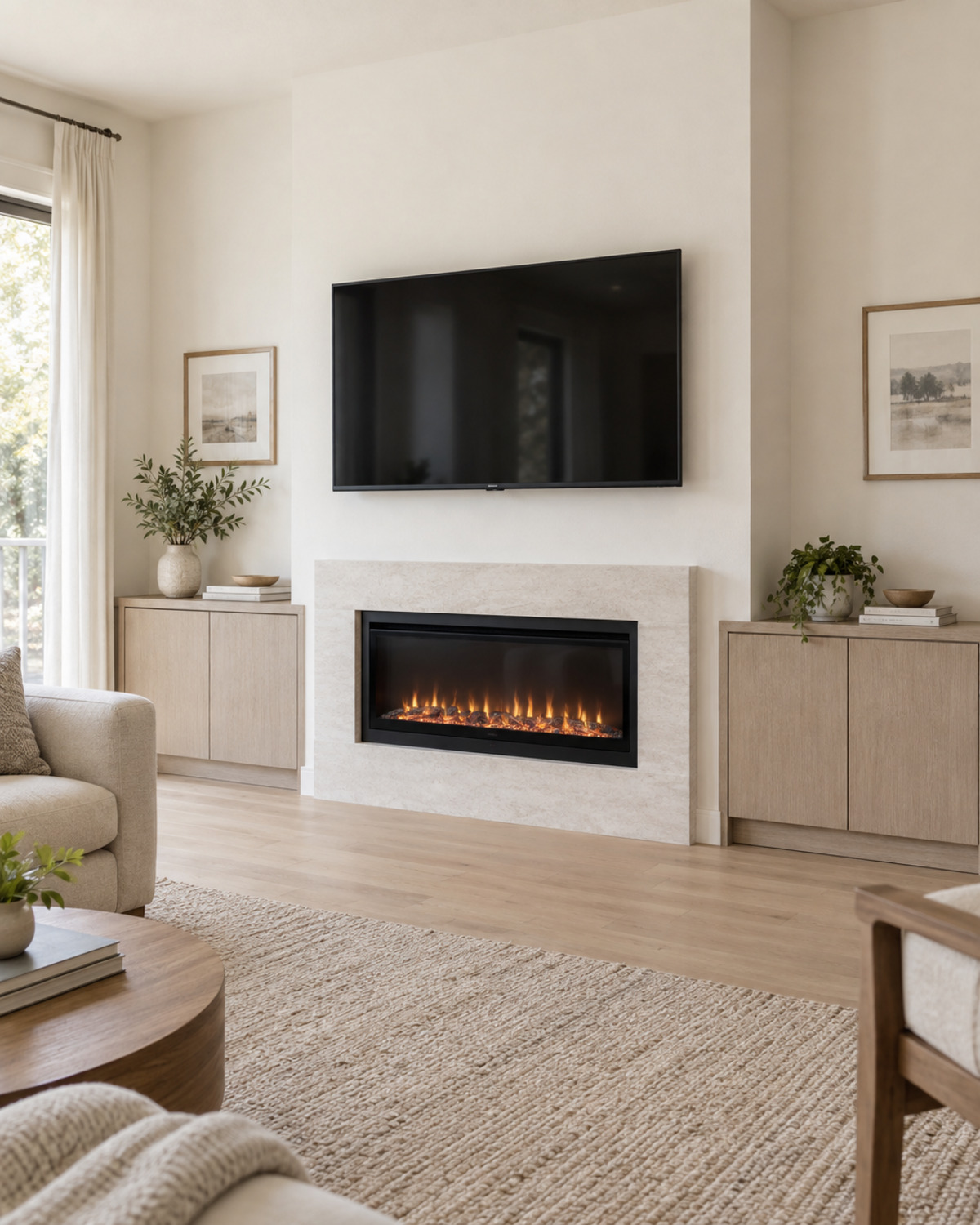 Compact living room with a television above a simple pale fireplace and shallow side cabinets