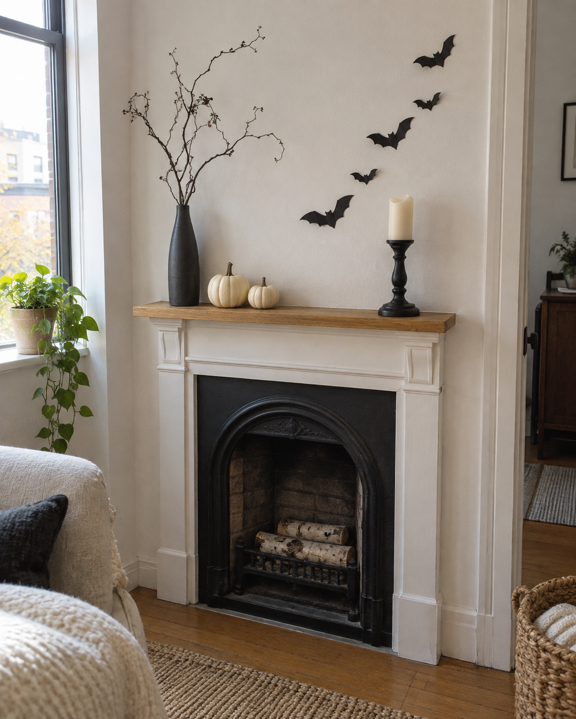 Small Halloween mantel with bare branches, ivory pumpkins, a flameless candle, and paper bats.