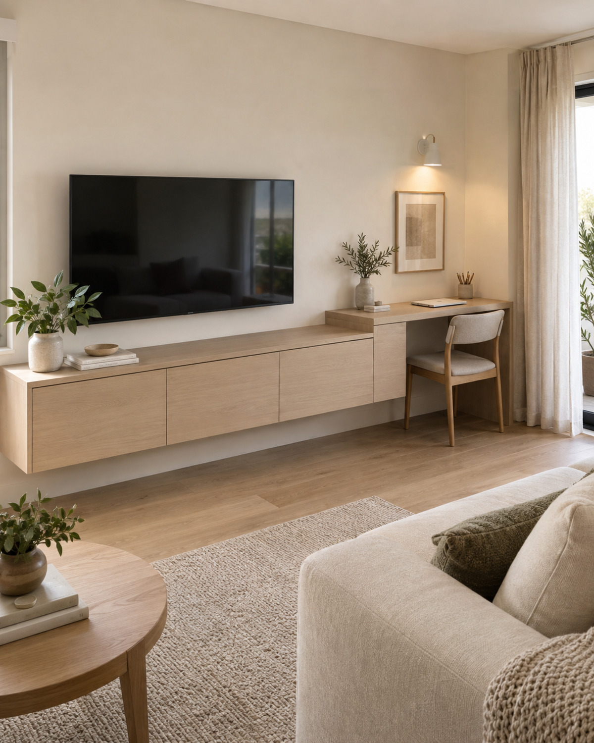 Small living room wall combining a TV console with an integrated shallow desk and tucked chair