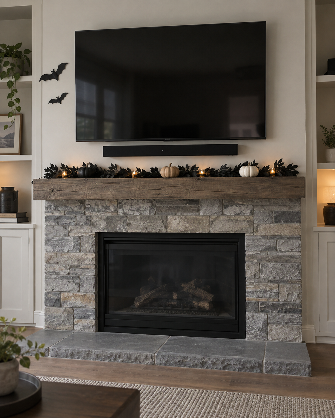 Low-profile Halloween mantel decor beneath a wall-mounted television with unobstructed soundbar.