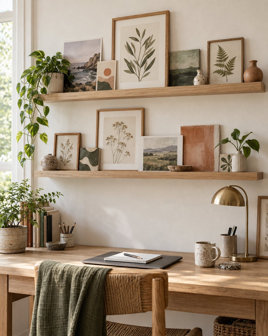 Slim picture ledges displaying postcards, tiles, and small framed art.