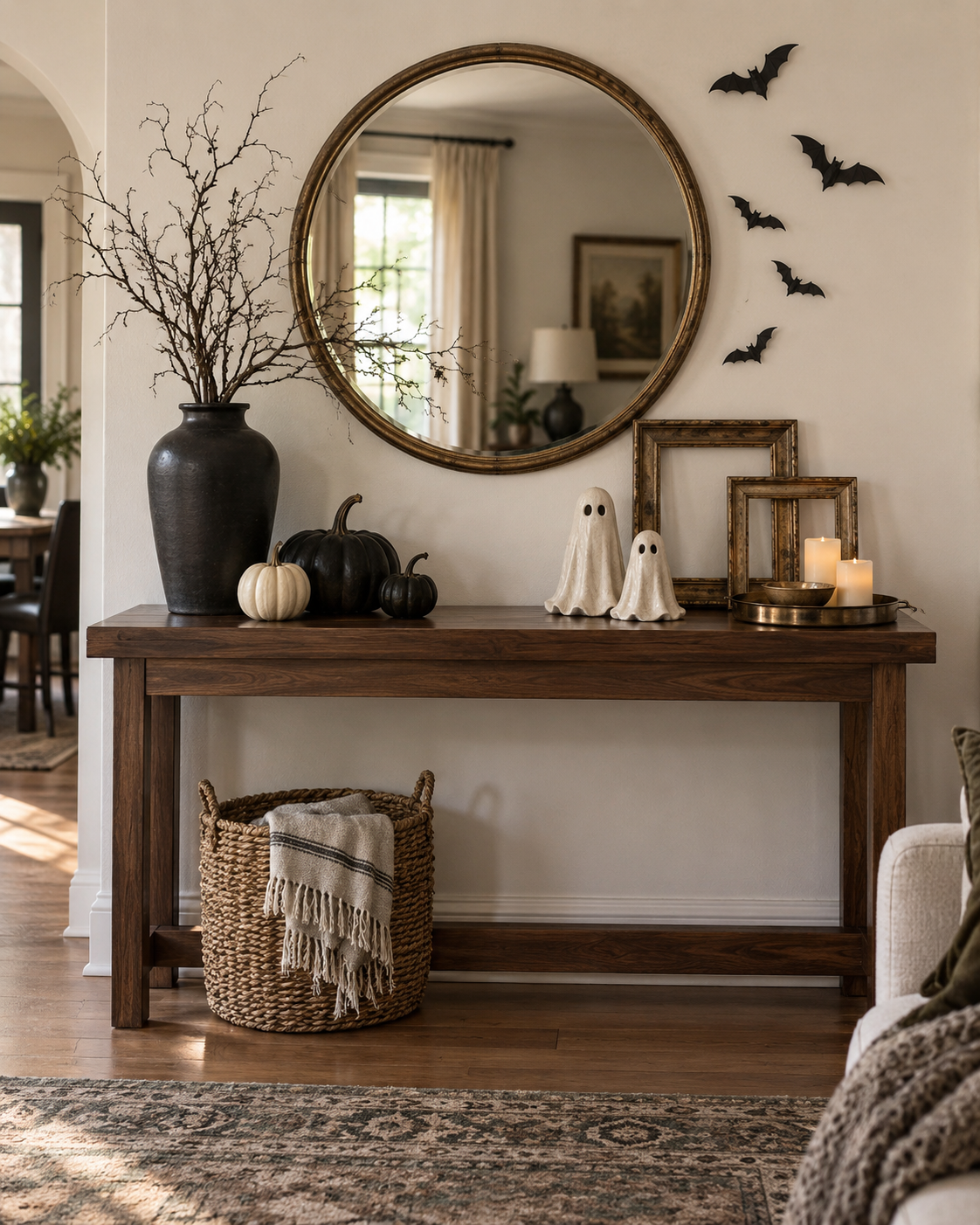 Halloween console table styled like a fireplace mantel with pumpkins, ghosts, branches, and paper bats.