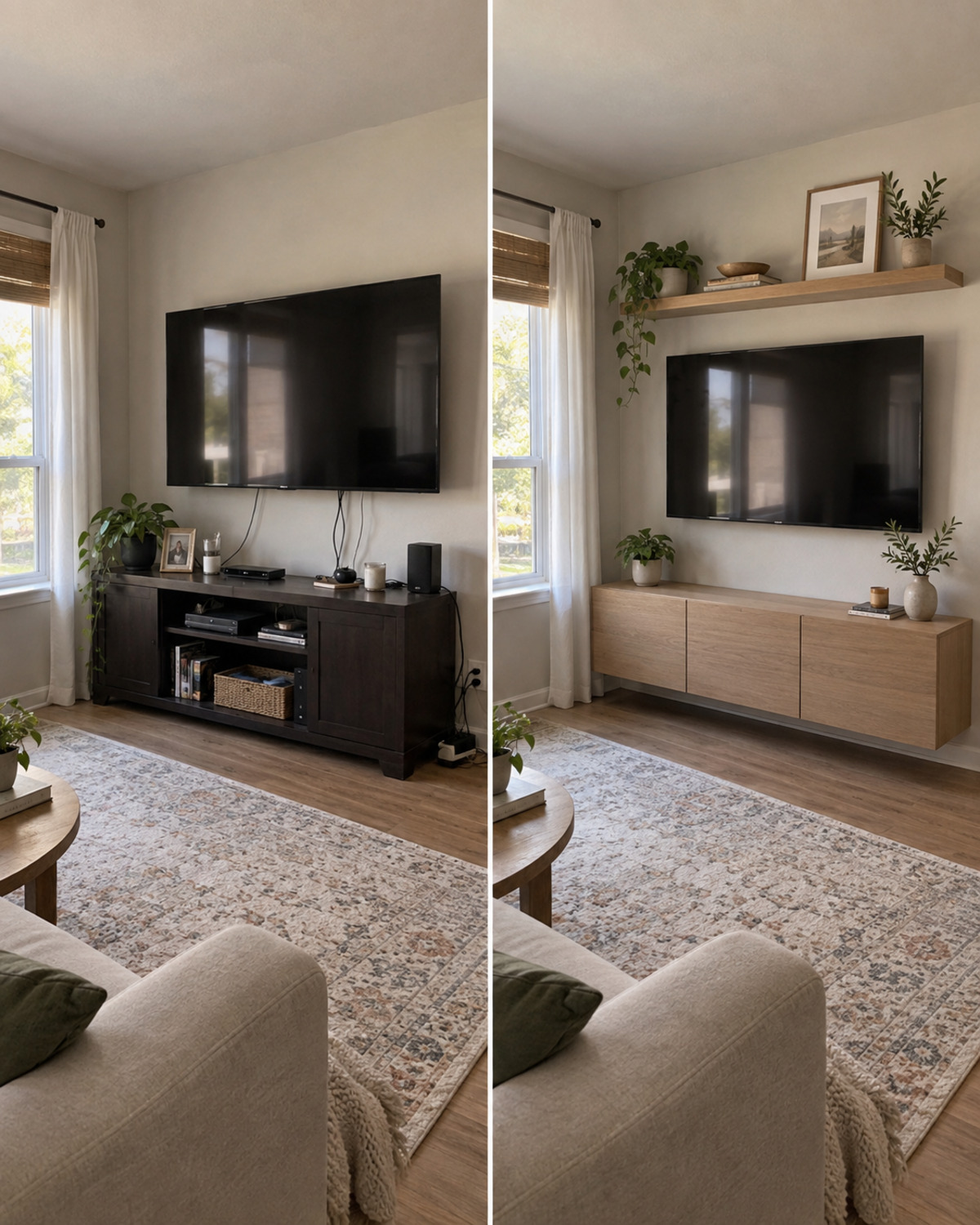 Same small living room before and after replacing a bulky media stand with shallow closed storage