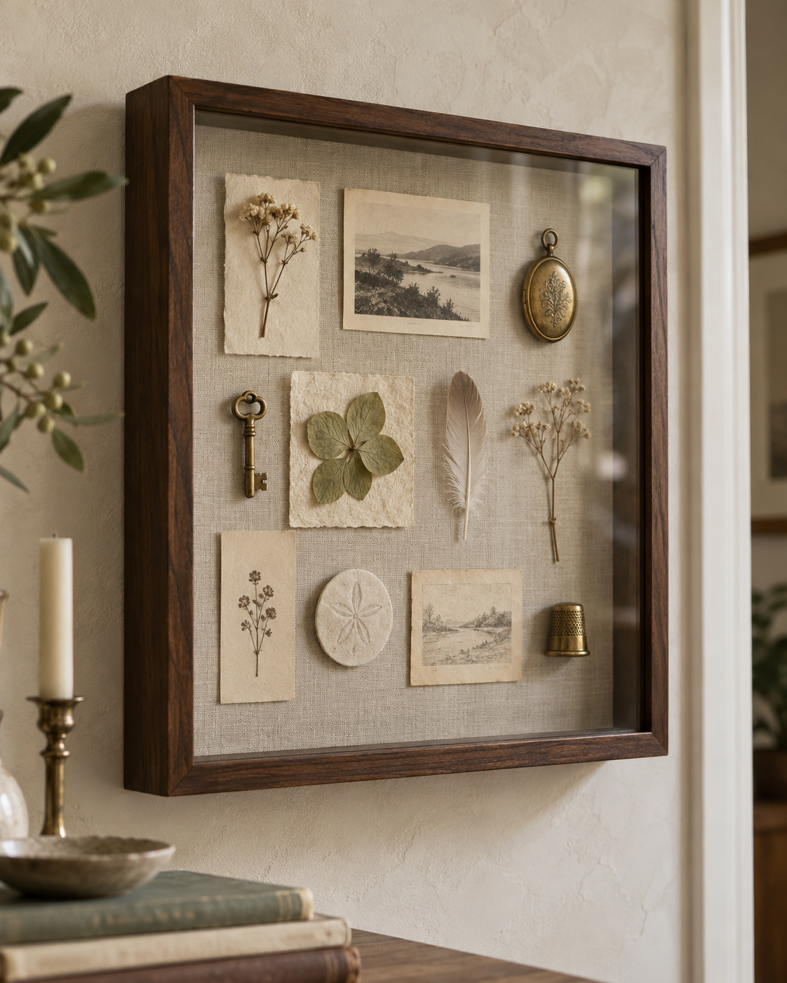 Glass shadow box with delicate miniatures arranged on linen backing.