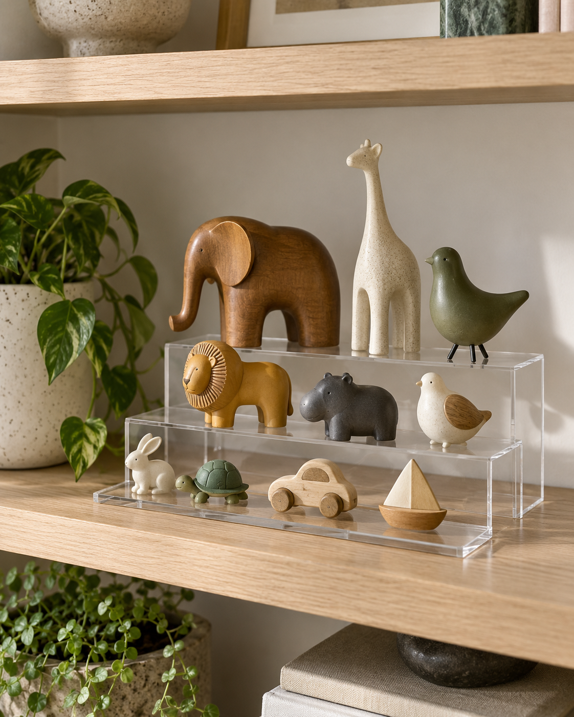 Acrylic risers displaying small figures at three visible heights.