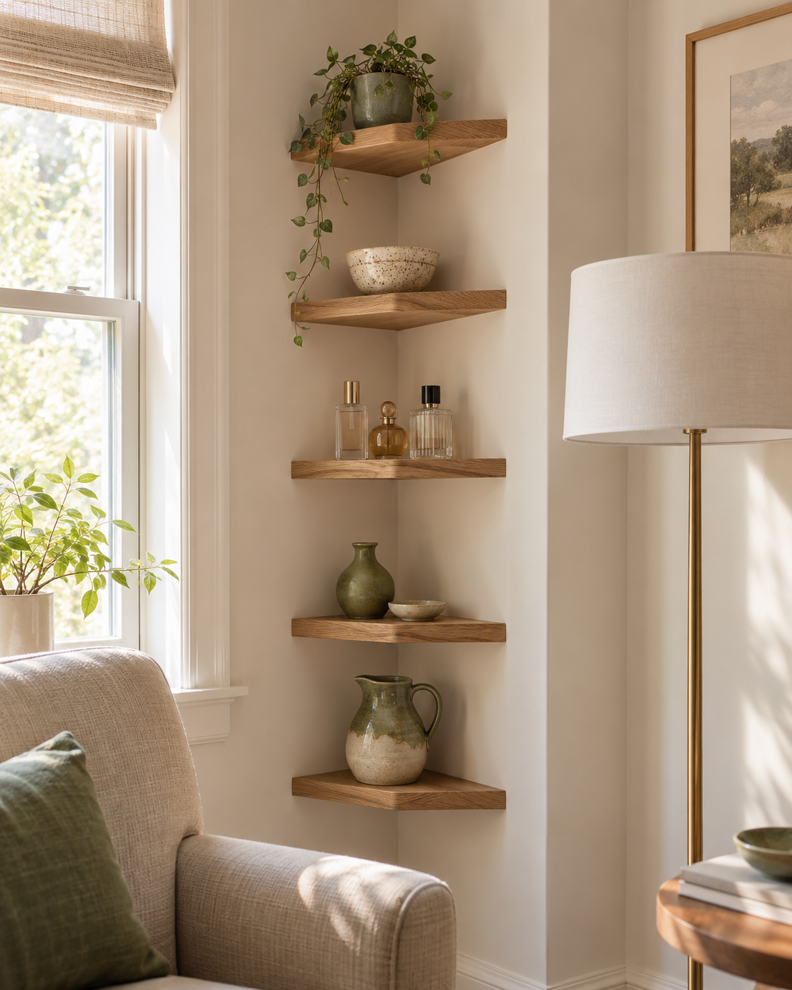 Small corner shelves displaying ceramics and glass bottles vertically.