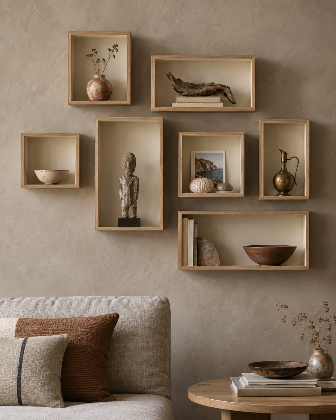 Modular wall boxes organizing several small collections by category