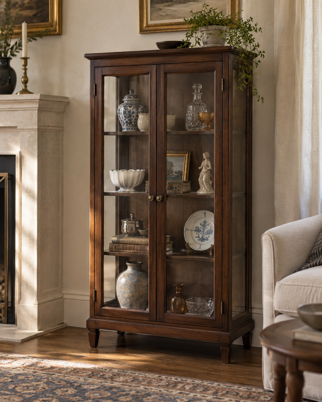 Glass-front curio cabinet protecting small porcelain and glass collectibles.