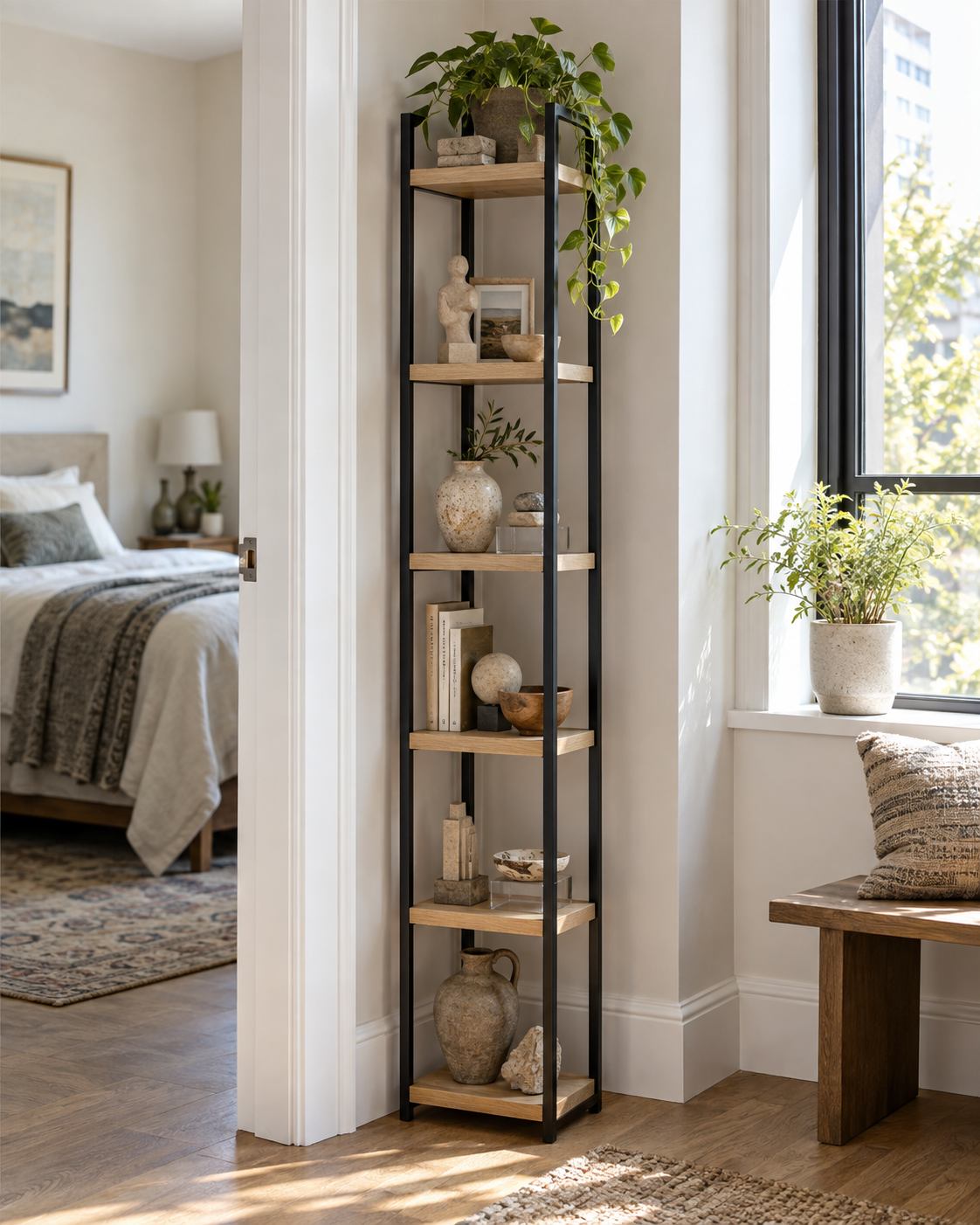 Narrow freestanding tower displaying small collections in an apartment.